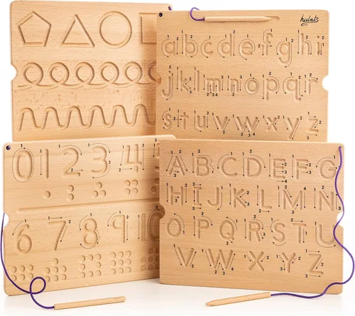 Hulats Aprende a Escribir - Tableros de Trazado de Números y Letras con Flechas Direccionales - Juguetes Montessori de Madera para Aprender el