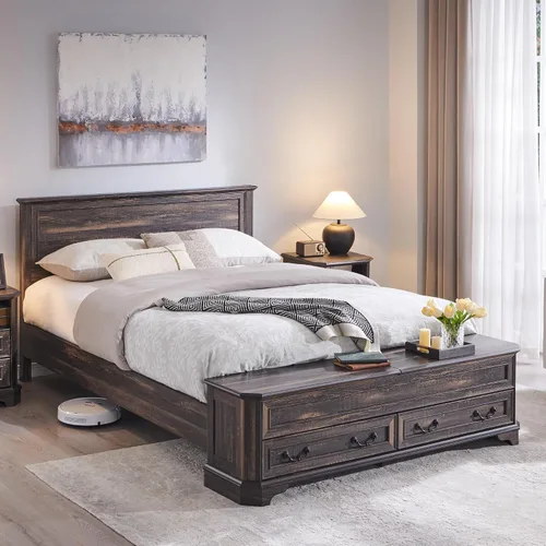 T4TREAM Cama Queen de granja con cabecera y banco de almacenamiento, cama de plataforma de madera rústica con baúl de almacenamiento de 64 pulgadas