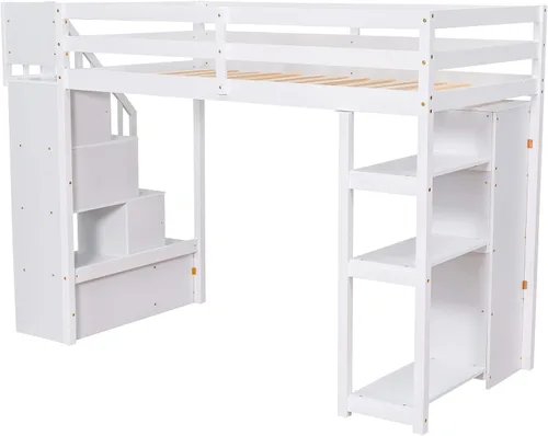 Miniatura 8 de VilroCaz Cama loft multifuncional de tamaño individual con cajones de almacenamiento y escalera, marco de cama de madera maciza con barandilla