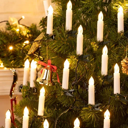 Minetom Tira de luces de vela de Navidad, 48 pies, 50 luces LED para interiores y exteriores, luces de vela sin llama conectables con clips para