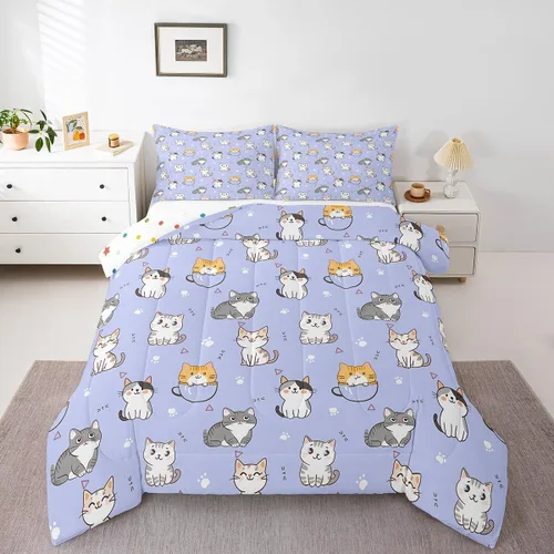 Miniatura 7 de Erosebridal Juego de edredón de tamaño matrimonial con diseño de gatos y gatos, lindo juego de ropa de cama Kawaii para niñas y niños