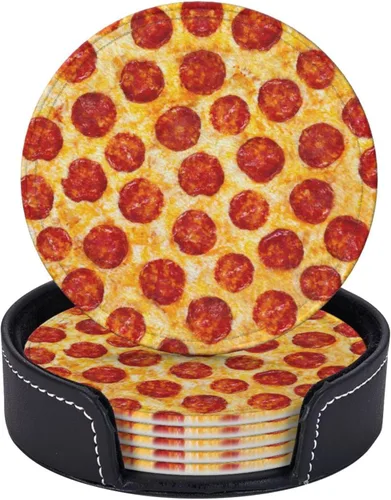 Posavasos realistas de pizza para bebidas, posavasos redondos de cuero con soporte, juego de 6 para protección de mesa, accesorios de escritorio,