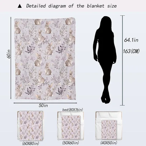 Miniatura 2 de Manta Bonita de Conejo - Adorable Manta de Forro Polar de Conejo con Diseño Floral en Lavanda Pastel, Regalos para Niños y Niñas, Suave y Cálida
