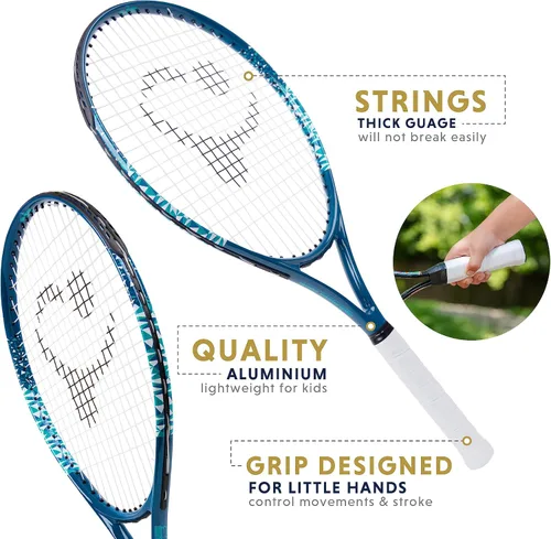 Miniatura 8 de Raqueta de tenis para niños con videos de entrenamiento – Raqueta de tenis juvenil de aluminio con mango de neopreno para niños de 5 a 12 años