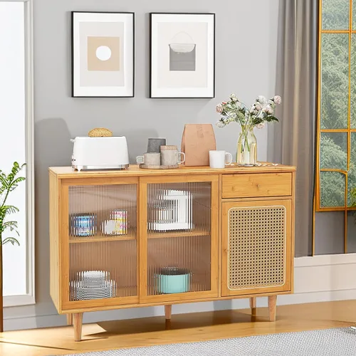 Miniatura 5 de Armario de buffet con almacenamiento, aparador de cocina con puertas correderas y cajón, mesa consola de ratán, barra de café para el hogar, sala