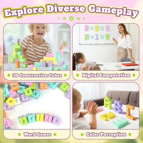 Miniatura 6 de Juego de 65 bloques magnéticos, bloques de construcción magnéticos de 1 pulgada con ojos de juguete y bolsa de almacenamiento para regalos de niños