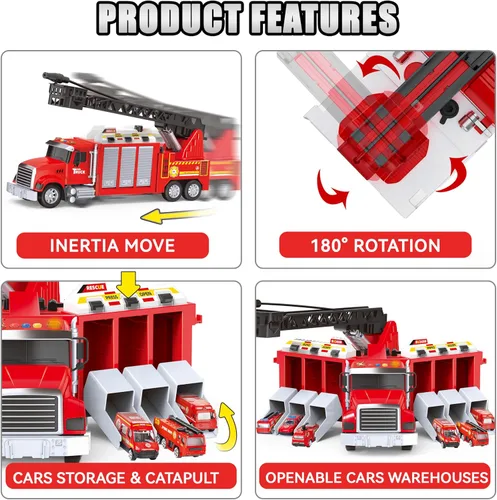 Miniatura 6 de Juego de camiones de bomberos de accionamiento inercial de 27 + pulgadas, escalera elevable/aspersor de agua giratorio de 180°, 6 juguetes