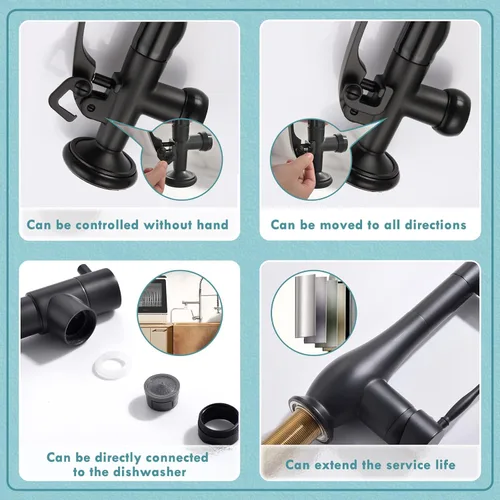 Miniatura 5 de GIMILI Grifo de cocina negro mate con rociador extraíble de una sola manija grifo de fregadero de cocina de alta presión grifos de cocina