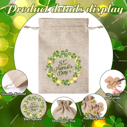 Miniatura 7 de Shappy Juego de 24 bolsas de regalo del día de San Patricio con cordón de arpillera de trébol verde para fiesta, bolsas de dulces, trébol irlandés