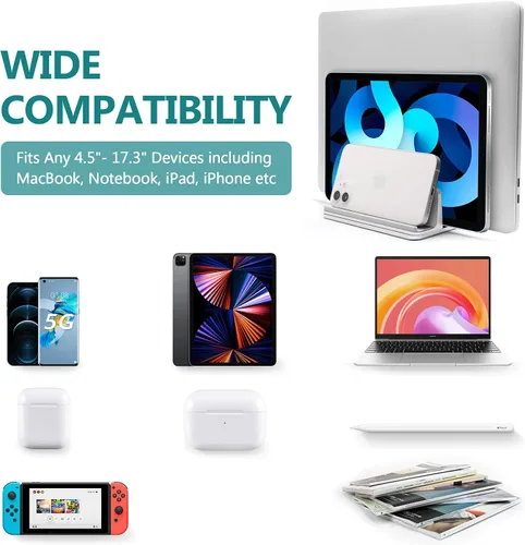 Miniatura 6 de Soporte vertical para computadora portátil para escritorio de metal resistente, 4 ranuras ajustables 4 en 1 vertical MacBook Stand Rack Pro Soporte