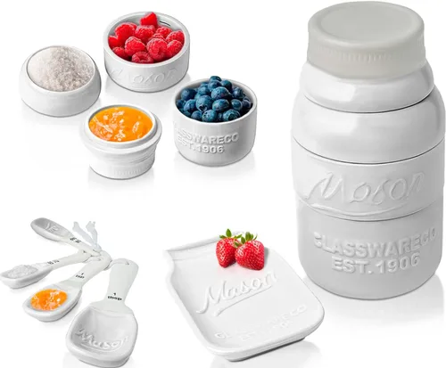 Miniatura 10 de Comfify Mason Jar Menaje de Cocina – 4 Tazas Medidoras, 4 Cucharas, Apoya Cucharas – Cerámica Vintage en Gris