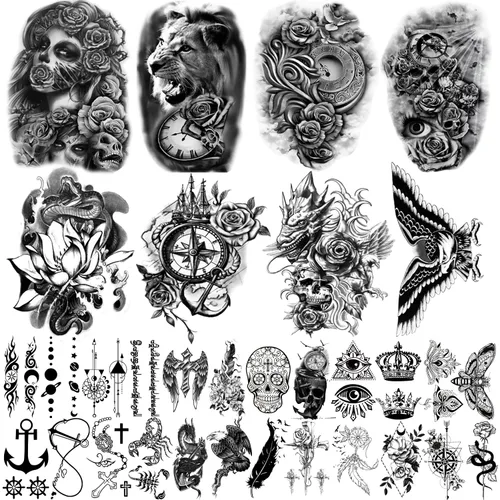 Yazhiji 32 hojas de pegatinas de tatuajes temporales, 8 hojas de tatuajes falsos corporales para brazo, pecho y hombro para hombres y mujeres con 24