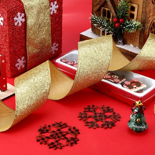Miniatura 5 de 2 rollos de cinta de Navidad de 20 yardas con purpurina metálica con borde de alambre, cintas decorativas de tela para envolver fiestas, decoración