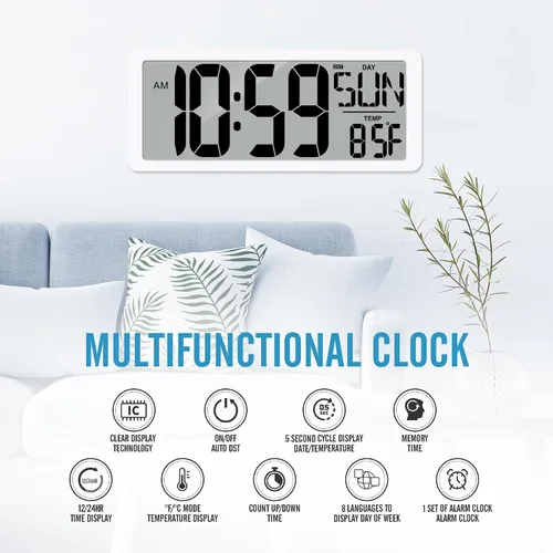 Miniatura 7 de Reloj de pared digital grande de 14.2 pulgadas, funciona con pilas, reloj digital con pantalla grande con día, fecha y temperatura, reloj de pared