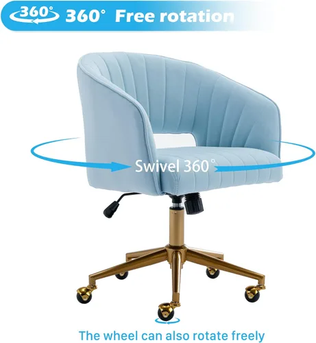 Miniatura 6 de KCC Silla de oficina en casa, silla giratoria de escritorio, sillón tapizado moderno con base dorada para niñas y mujeres, asiento de estudio Azul