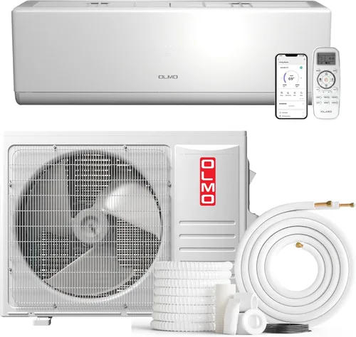 OLMO Mini bomba de calor de CA dividida de 12,000 BTU 230V, montaje en pared sin conductos - 20 SEER2 - Kit inteligente y kit de instalación de 16