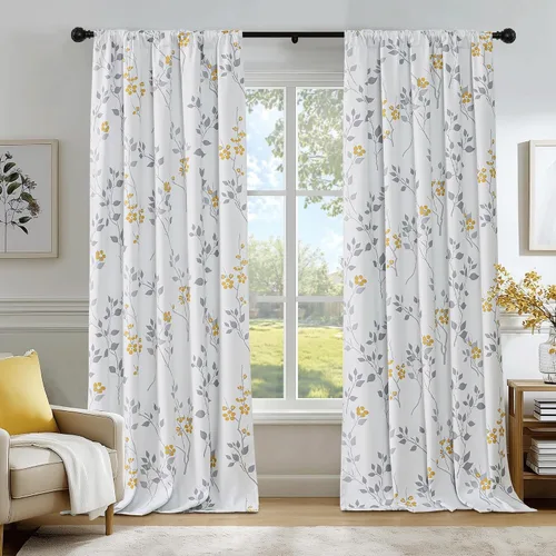 Miniatura 13 de Beauoop Cortinas Florales 100% Opacas de 54 Pulgadas de Largo, 2 Paneles para Dormitorio, Sala de Estar, Azul Gris y Blanco con Patrón de Flores