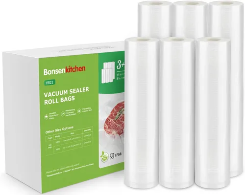 Bonsenkitchen [2025 Actualizado] 3 Rollos 27,94 cm x 4,88 m + 3 Rollos 20,32 cm x 4,88 m Bolsas Selladoras al Vacío para Alimentos con Caja de