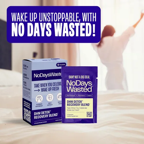 Miniatura 7 de No Days Wasted DHM Detox 5 porciones portátiles, mezcla optimizada de DHM (suplemento de dihidromiricetina) y vitaminas para tomar durante la noche