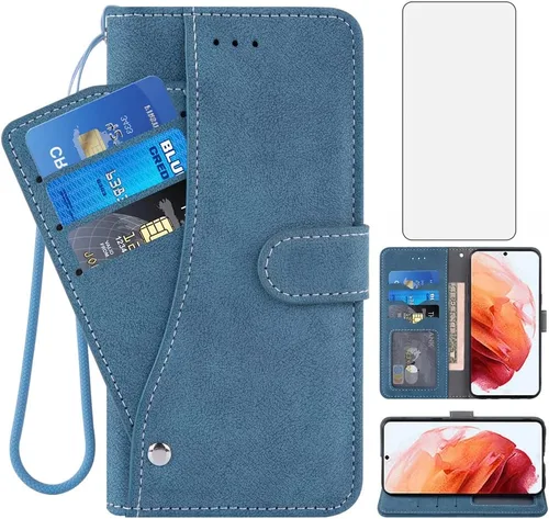 Asuwish Compatible con Samsung Galaxy S22 5G - Funda tipo cartera y protector de pantalla de vidrio templado, soporte para tarjetas de crédito, Azul