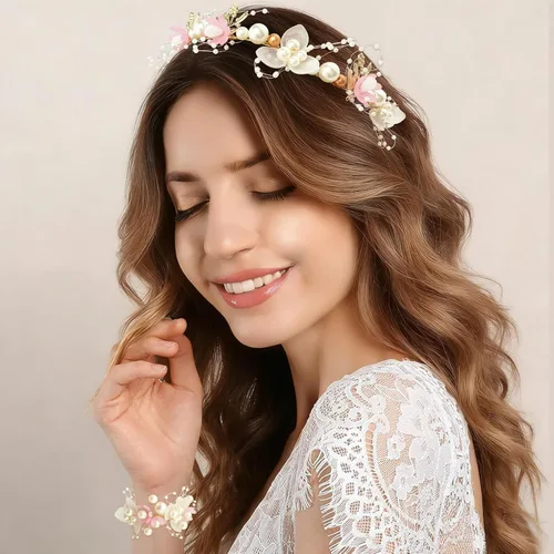 Miniatura 2 de Tocado de flores de perlas de boda con ramillete de muñeca a juego para mujer, accesorios para fiesta de cumpleaños (estilo rosa)