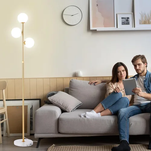 Miniatura 6 de vallerico Lámparas de pie modernas de 3 globos de mediados de siglo para sala de estar, lámpara de pie de altura ajustable con base de mármol, Dorado