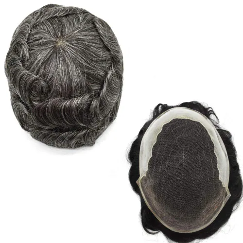 Miniatura 54 de Peluca de repuesto de cabello natural de poliuretano con encaje frontal para hombre (7x9 pulgadas, densidad de luz, 1B40# negro natural con 40% gris)