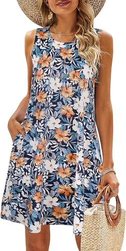 Miniatura 34 de SimpleFun - Vestidos de verano para mujer, camiseta floral, vestido de playa de estilo bohemio, informal, con bolsillos y sin mangas