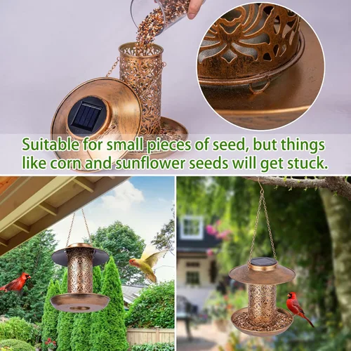 Miniatura 3 de Ottsuls Comedero solar para pájaros para colgar al aire libre, farol de jardín de cardenales salvajes de metal con gancho en S, comedero para Marrón