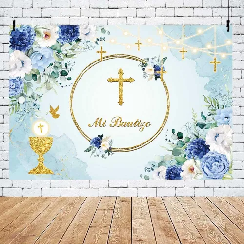 Miniatura 5 de MEHOFOND Telón de fondo Mi Bautizo de 7 x 5 pies, diseño floral azul para la primera comunión, fondo de fotografía de la primera comunión, Santo