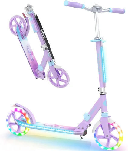 BELEEV V8 Scooters para niños a partir de 6 años con cubierta iluminada, scooter plegable de 2 ruedas para adultos y adolescentes, 4 de altura