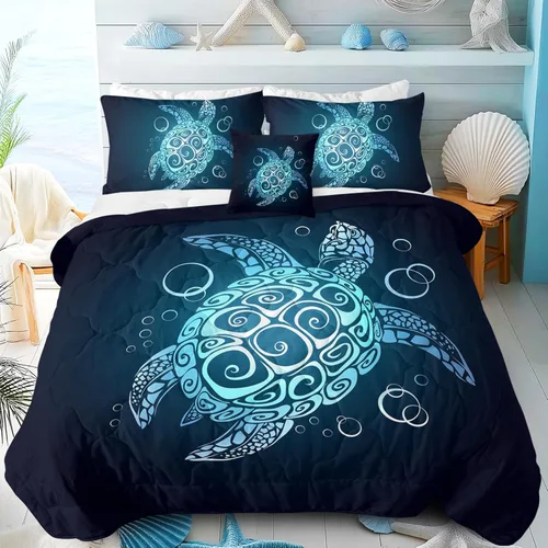 Miniatura 20 de Sleepwish - Juego de edredón con estampado de tortuga, juego de cubrecamas de tortuga hawaiana tamaño Queen en 3D, edredón de playa lindo para cama