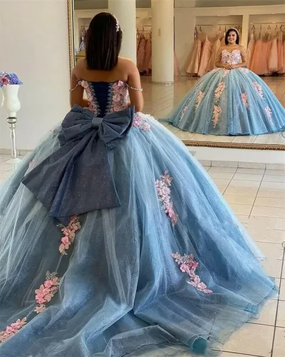 Miniatura 2 de Mauuwy Vestidos de quinceañera con hombros descubiertos, vestido de baile de tul hinchado dulce 16 vestidos largos de encaje brillante vestido