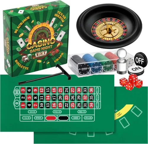 Lunmon Casino Night - Juego completo 4 en 1, 2 alfombrillas de diseño de fieltro de doble cara, rueda de ruleta de 10 pulgadas, 200 fichas,
