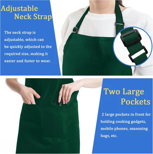Miniatura 3 de Paquete de 4 delantales de chef, delantal ajustable con 2 bolsillos, delantal unisex personalizado para cocinar, cocina, restaurante Verde