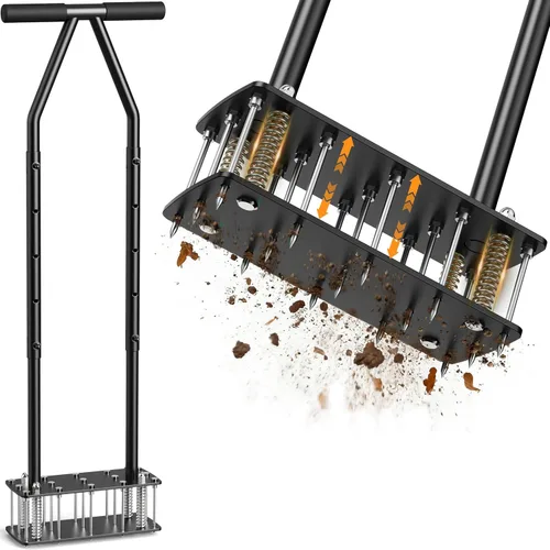 Herramienta aireadora manual para césped – 15 picos de acero resistente, diseño de limpieza automática con resorte, premontado para aflojar el suelo