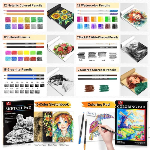 Miniatura 5 de Kit de bocetos de 106 piezas de suministros de arte, lápices de dibujo profesional con cuaderno de bocetos de 3 colores, libro para colorear, Negro