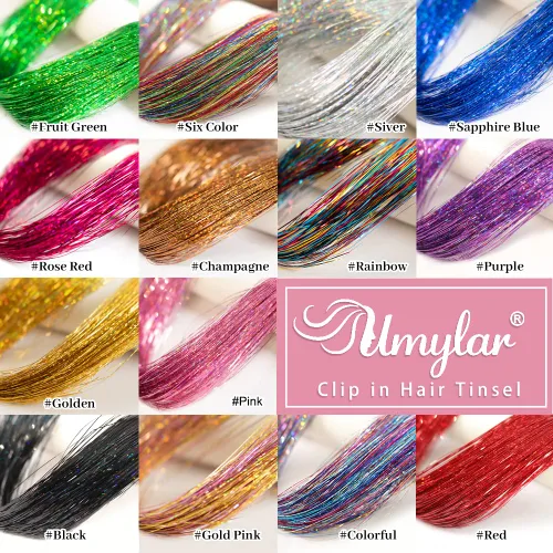 Miniatura 6 de Paquete de 12 extensiones de cabello de oropel con clip, paquete de 12 unidades, 20 pulgadas, extensiones de cabello de oropel con purpurina, negro#