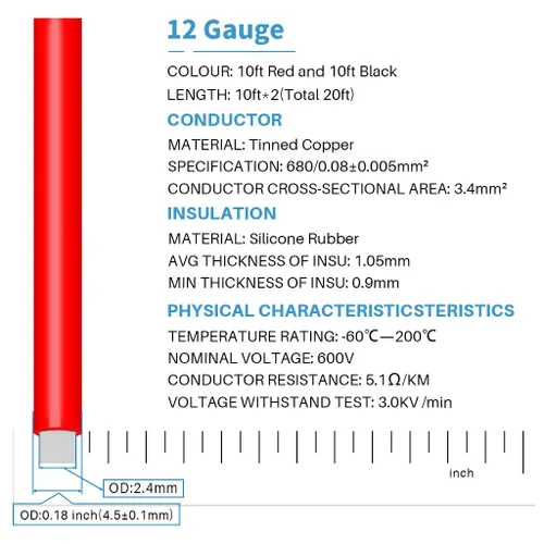Miniatura 2 de BNTECHGO Cable de silicona calibre 12, 10 pies rojo y 10 pies negro, cable flexible de cobre estañado trenzado 12 AWG Alambre de silicona rojo