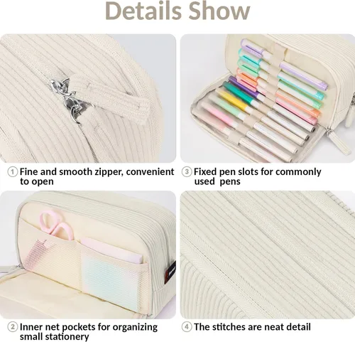 Miniatura 5 de Sooez Estuche de Lápices de Gran Capacidad con Funda para Bolígrafos, Bolsa de Lápiz de Corduroy Suave con 3 Compartimentos, Múltiples Bolsillos