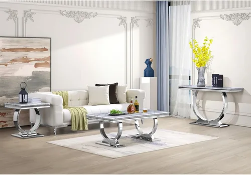 Miniatura 6 de Mesa de centro moderna, mesas de centro con pedestal de base en U plateadas para sala de estar, mesa de centro rectangular de 48 pulgadas en gris