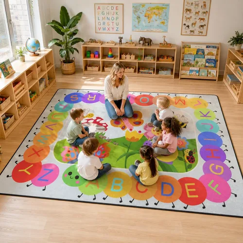Miniatura 25 de Alfombras de juego para aula, alfombra de 5 x 7 pies para niños con parte trasera de goma, círculo colorido sobre fondo azul, alfombra de juego