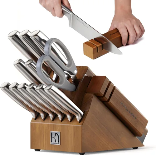 Juego de bloque de cuchillos KnifeSaga con afilador de dos etapas, 14 piezas | Cuchillos de cocina japoneses de acero inoxidable ultra afilados con
