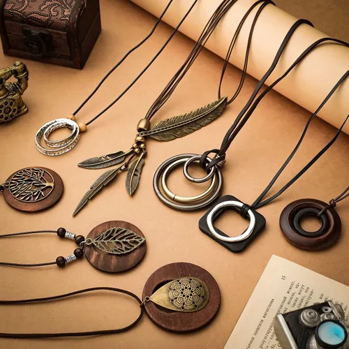 Miniatura 7 de 8 collares largos bohemios para mujer, collares de madera vintage, hechos a mano, hippie, de piel sintética, suéter, joyería