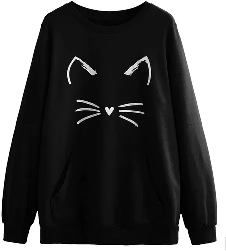 Miniatura 4 de Romwe Sudadera ligera de manga larga con estampado de gato para mujer