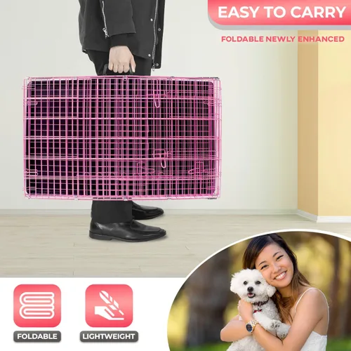 Miniatura 5 de FDW Jaula para perros pequeños de 24 pulgadas plegable de metal con alambre para mascotas, doble puerta con panel divisor para interiores y Rosa