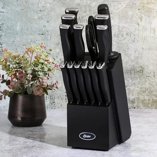 Miniatura 7 de Oster Langmore - Juego de 15 piezas de cuchillos de acero inoxidable con mangos negros – Juego completo de cuchillería de cocina en caja de Negro