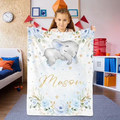 Miniatura 2 de Manta de bebé de elefante personalizada con nombre para niño, manta de nombre personalizada para niño recién nacido, manta de franela suave, regalo
