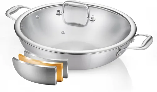 Miniatura 12 de DELARLO Woks y sartenes para saltear, sartén de acero inoxidable de 13 pulgadas con tapa, superficie de cocción grande, sartén wok de acero