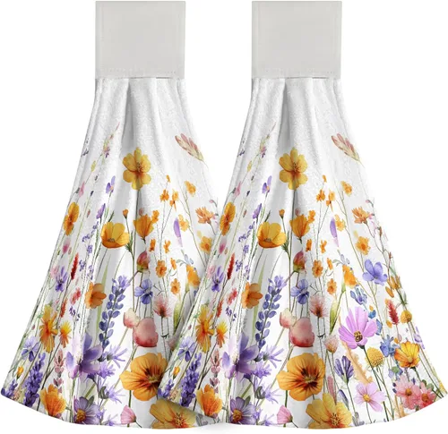 Miniatura 38 de Poppy Flower Hanging Hand Towels Set of 2,17x12 Inch Watercolor Chinoiserie Yellow Black Floral Soft Absorbent Dish Cloth Tie Towel for Kitchen